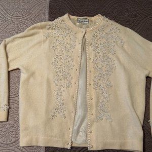 Vintage Winter White Beaded David Jones Lambs Wool Cardigan Small